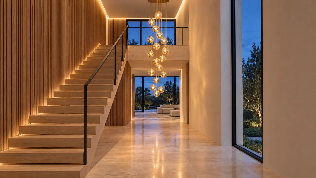 A stair hall lit by a cascade of glowing rings